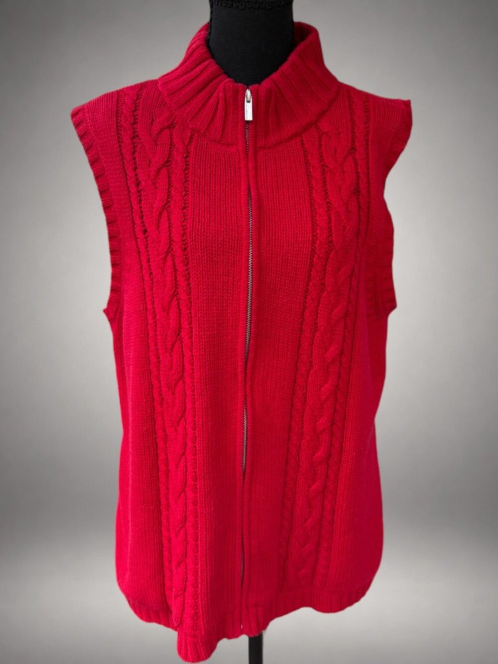 Liz Claiborne XL Red Cable Knit Zip Mock Neck Sweater Vest Cotton Blend - Picture 3 of 10